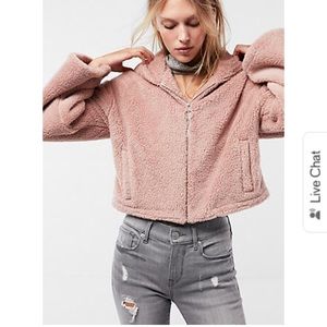 Plush pink bell sleeve cropped hoodie